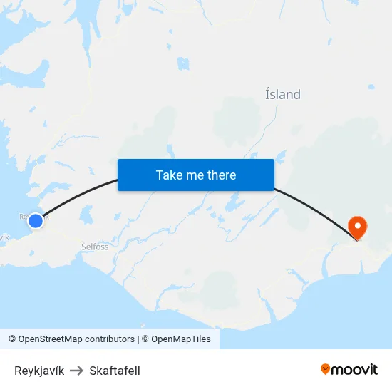 Reykjavík to Skaftafell map