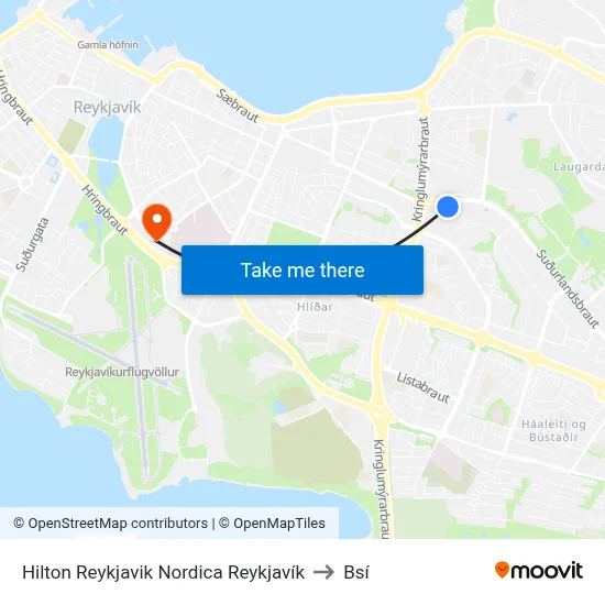 Hilton Reykjavik Nordica Reykjavík to Bsí map