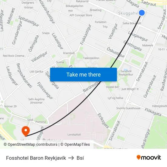 Fosshotel Baron Reykjavík to Bsí map