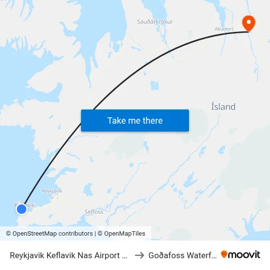 Reykjavik Keflavik Nas Airport KEF to Goðafoss Waterfall map