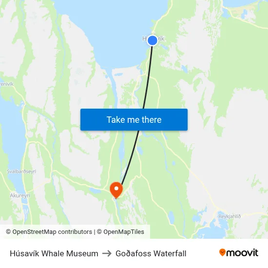 Húsavík Whale Museum to Goðafoss Waterfall map
