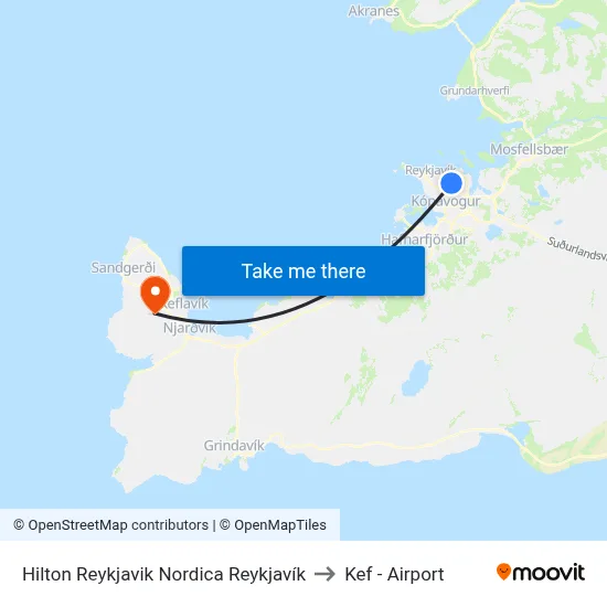 Hilton Reykjavik Nordica Reykjavík to Kef - Airport map