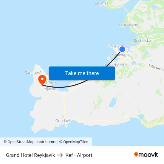Grand Hotel Reykjavík to Kef - Airport map