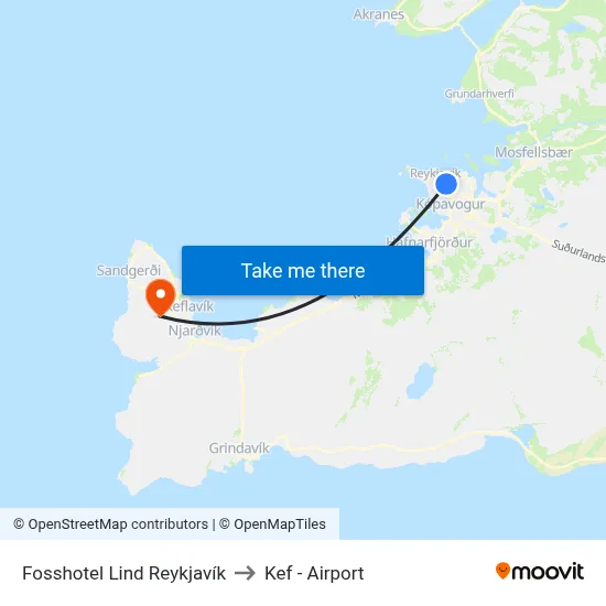 Fosshotel Lind Reykjavík to Kef - Airport map