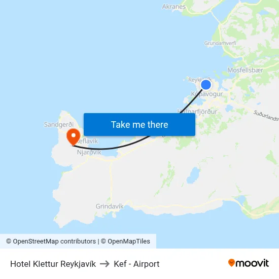 Hotel Klettur Reykjavík to Kef - Airport map