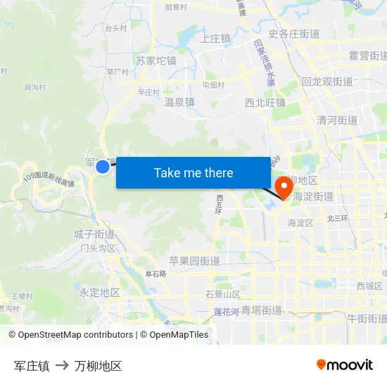 军庄镇 to 万柳地区 map