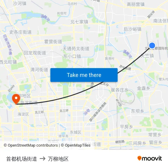 首都机场街道 to 万柳地区 map