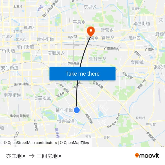 亦庄地区 to 三间房地区 map