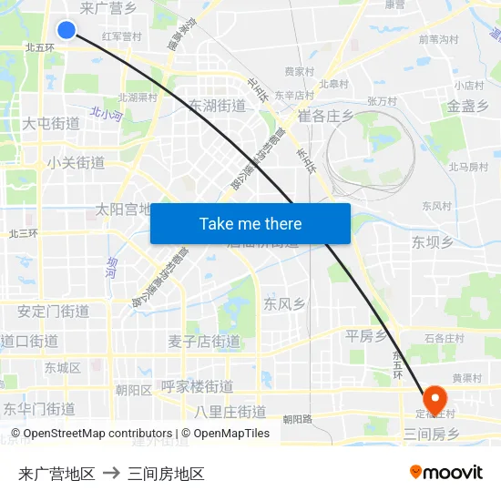 来广营地区 to 三间房地区 map