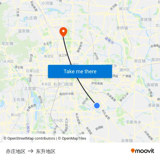 亦庄地区 to 东升地区 map