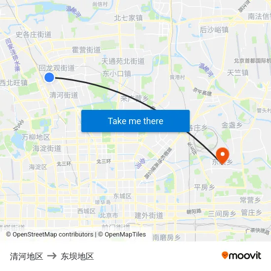 清河地区 to 东坝地区 map