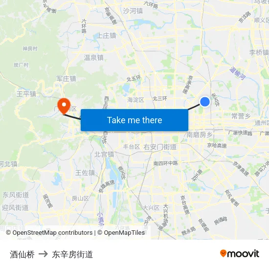 酒仙桥 to 东辛房街道 map