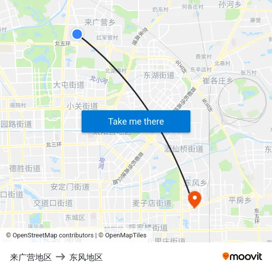 来广营地区 to 东风地区 map