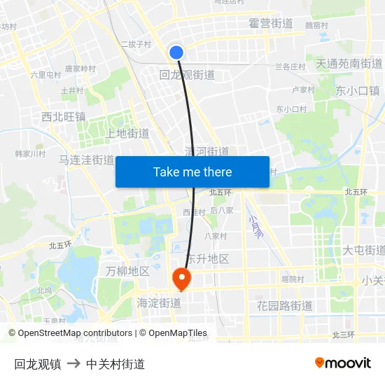 回龙观镇 to 中关村街道 map