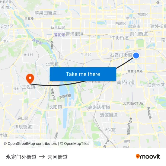 永定门外街道 to 云冈街道 map
