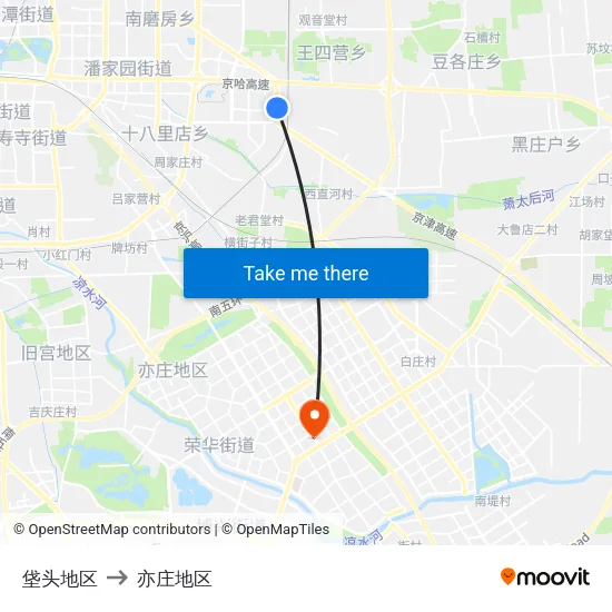 垡头地区 to 亦庄地区 map