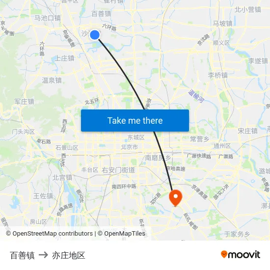百善镇 to 亦庄地区 map