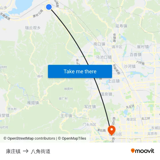 康庄镇 to 八角街道 map