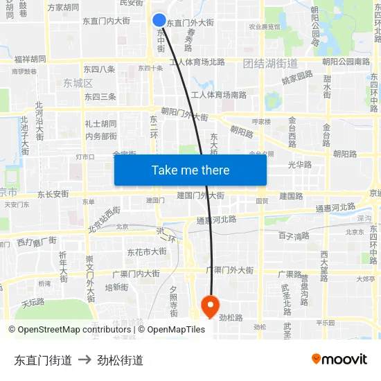 东直门街道 to 劲松街道 map
