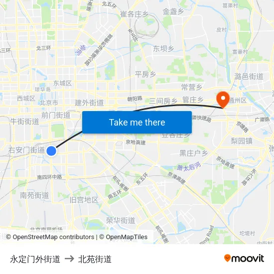 永定门外街道 to 北苑街道 map