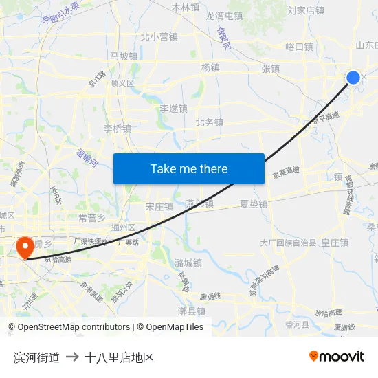 滨河街道 to 十八里店地区 map