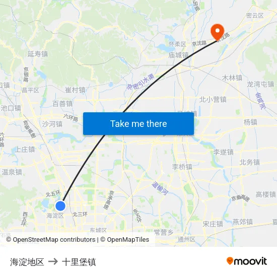 海淀地区 to 十里堡镇 map