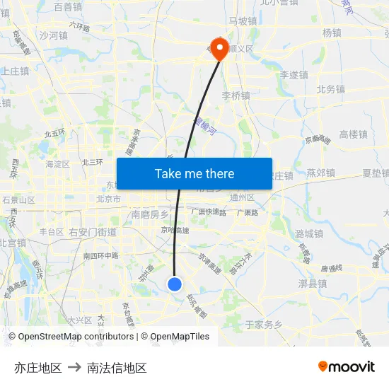 亦庄地区 to 南法信地区 map