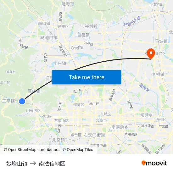 妙峰山镇 to 南法信地区 map