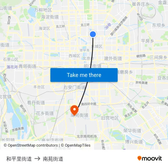 和平里街道 to 南苑街道 map