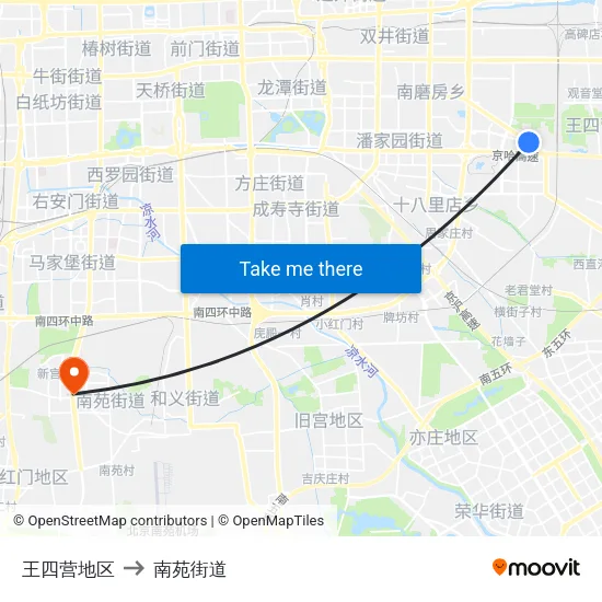 王四营地区 to 南苑街道 map
