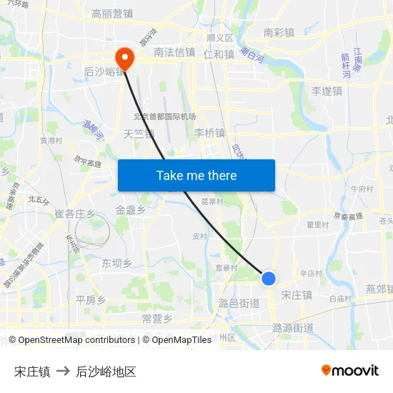 宋庄镇 to 后沙峪地区 map