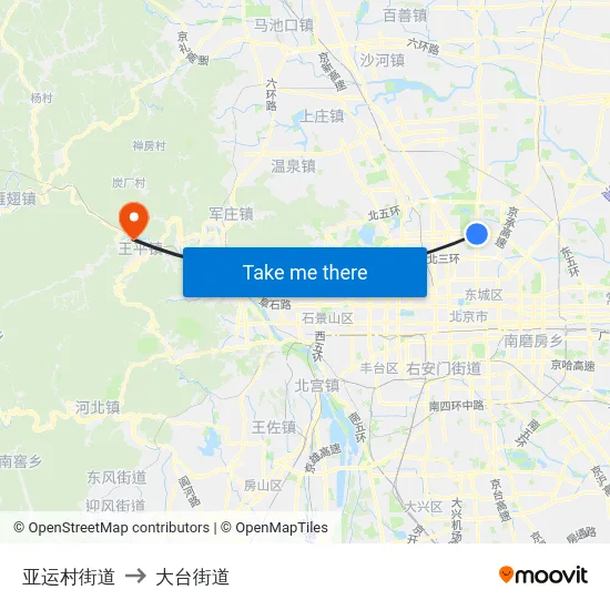 亚运村街道 to 大台街道 map
