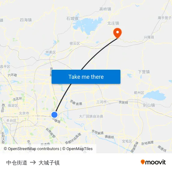 中仓街道 to 大城子镇 map