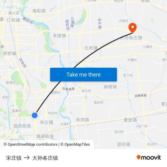 宋庄镇 to 大孙各庄镇 map