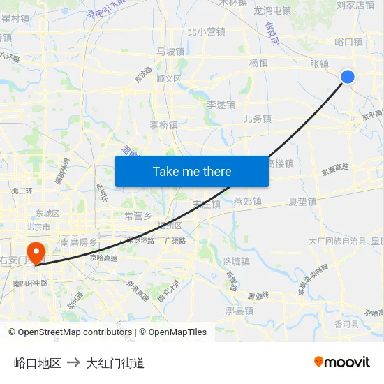 峪口地区 to 大红门街道 map