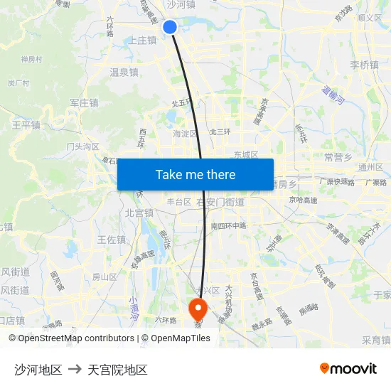 沙河地区 to 天宫院地区 map