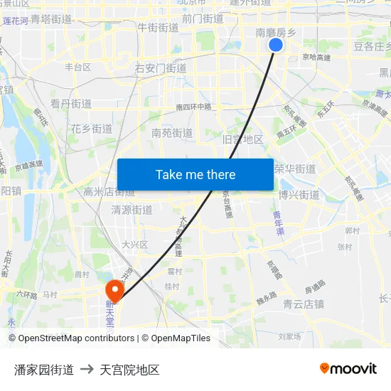潘家园街道 to 天宫院地区 map
