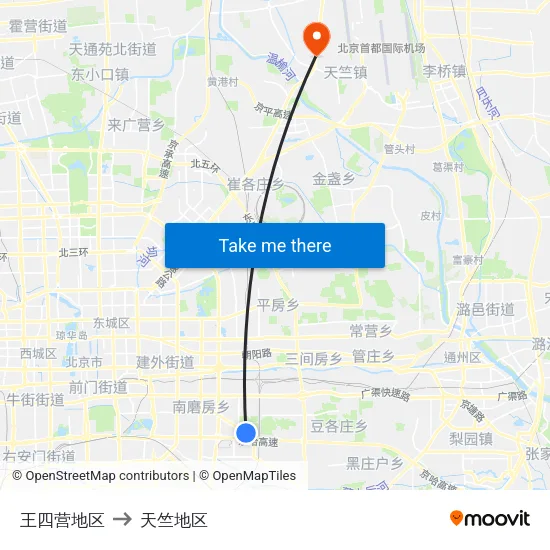 王四营地区 to 天竺地区 map