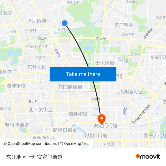 东升地区 to 安定门街道 map