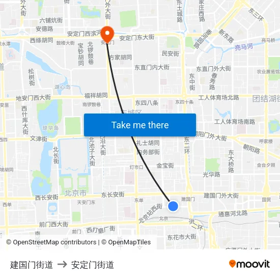建国门街道 to 安定门街道 map