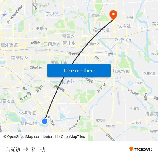 台湖镇 to 宋庄镇 map
