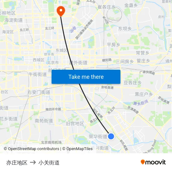 亦庄地区 to 小关街道 map