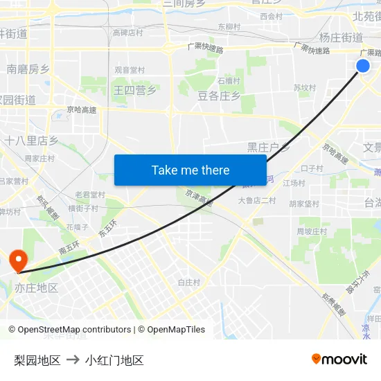 梨园地区 to 小红门地区 map