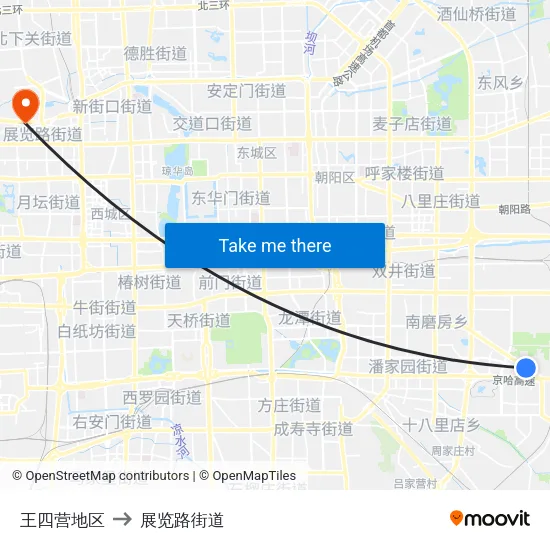王四营地区 to 展览路街道 map