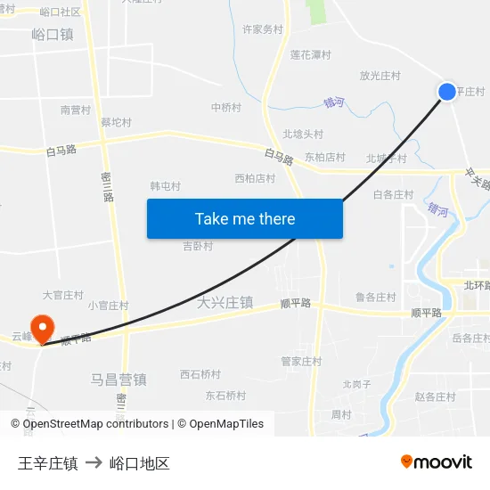 王辛庄镇 to 峪口地区 map