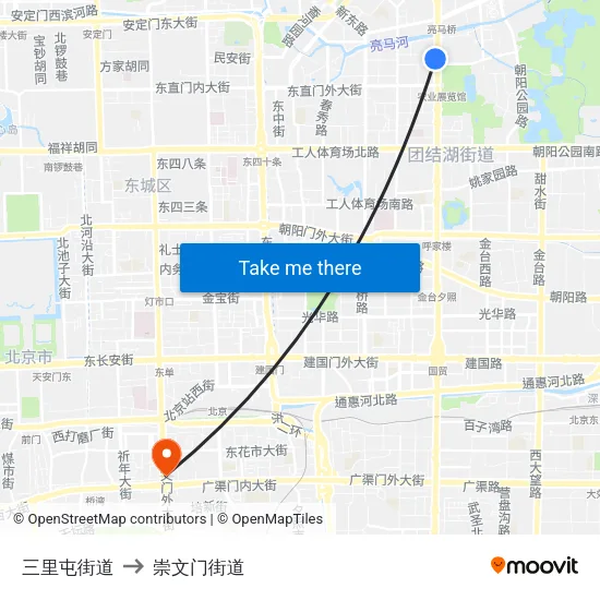 三里屯街道 to 崇文门街道 map