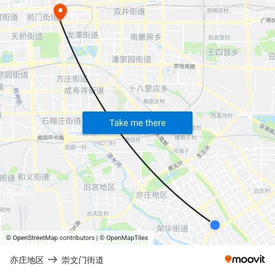 亦庄地区 to 崇文门街道 map