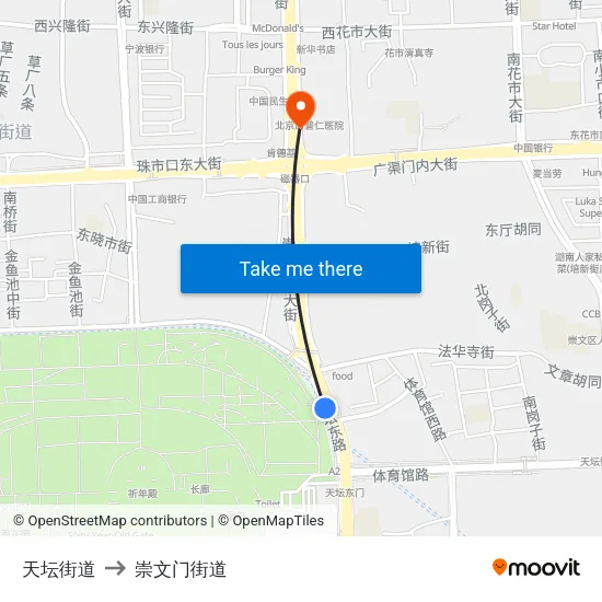 天坛街道 to 崇文门街道 map