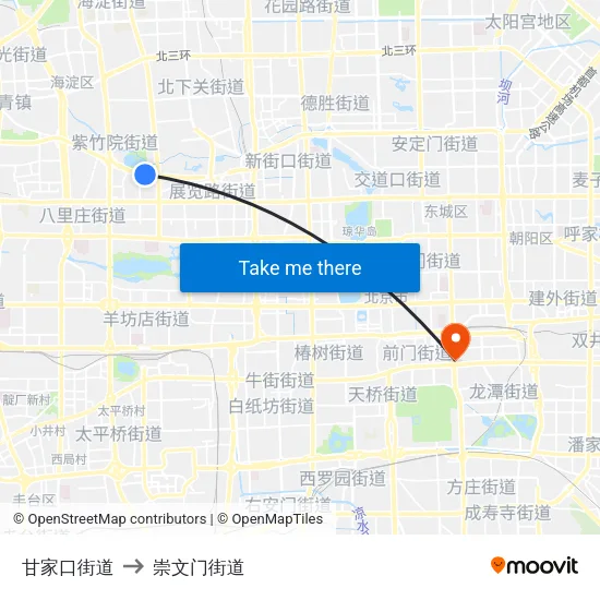 甘家口街道 to 崇文门街道 map
