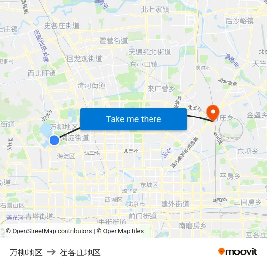 万柳地区 to 崔各庄地区 map